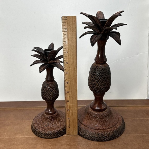 Set of 2, Brown Metal Pineapple Candle Stick Holders Decor, Made In India - Picture 2 of 5